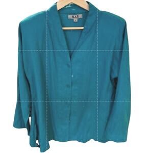 Vintage FLAX Jeanne Engelhart Emerald Linen 3/4 Sleeve Shoulder Pad Boho MEDIUM